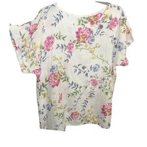 Women's Floral Linen Short Sleeve Top -Made In Italy- Size Large